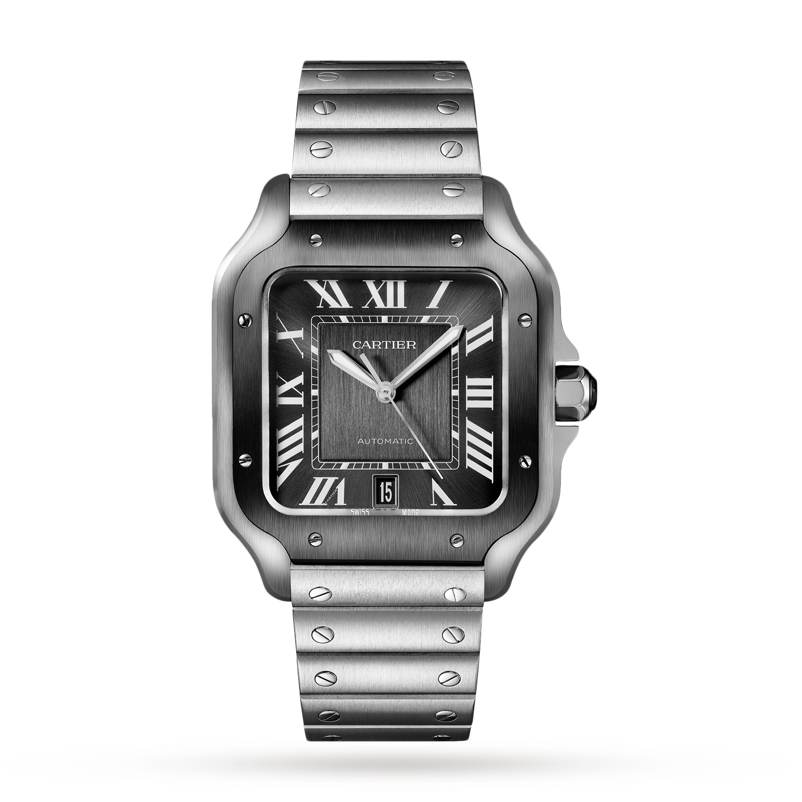 MiroTime Swiss Santos de Cartier watch Large model, automatic, steel, ADLC, interchangeable metal and rubber bracelets