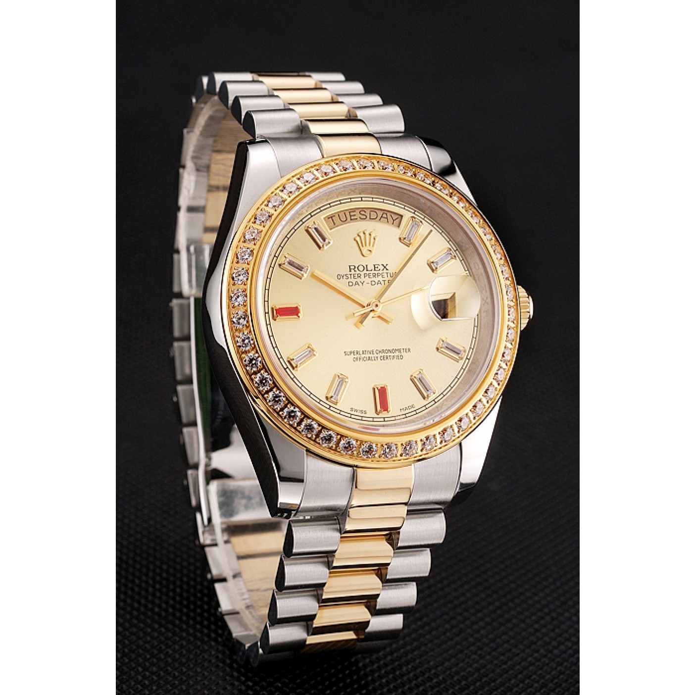 MiroTime Swiss Rolex Day-Date Diamonds And Rubies Champagne Dial Two Tone Bracelet 1454104