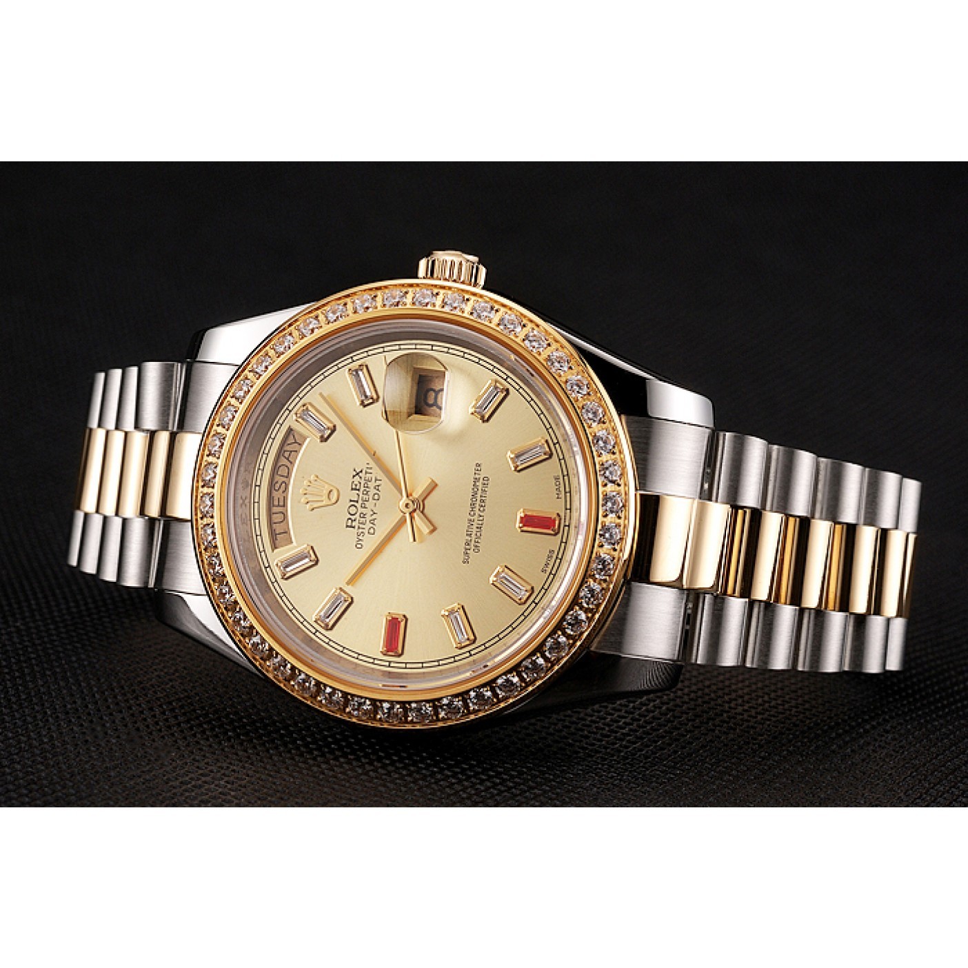 MiroTime Swiss Rolex Day-Date Diamonds And Rubies Champagne Dial Two Tone Bracelet 1454104