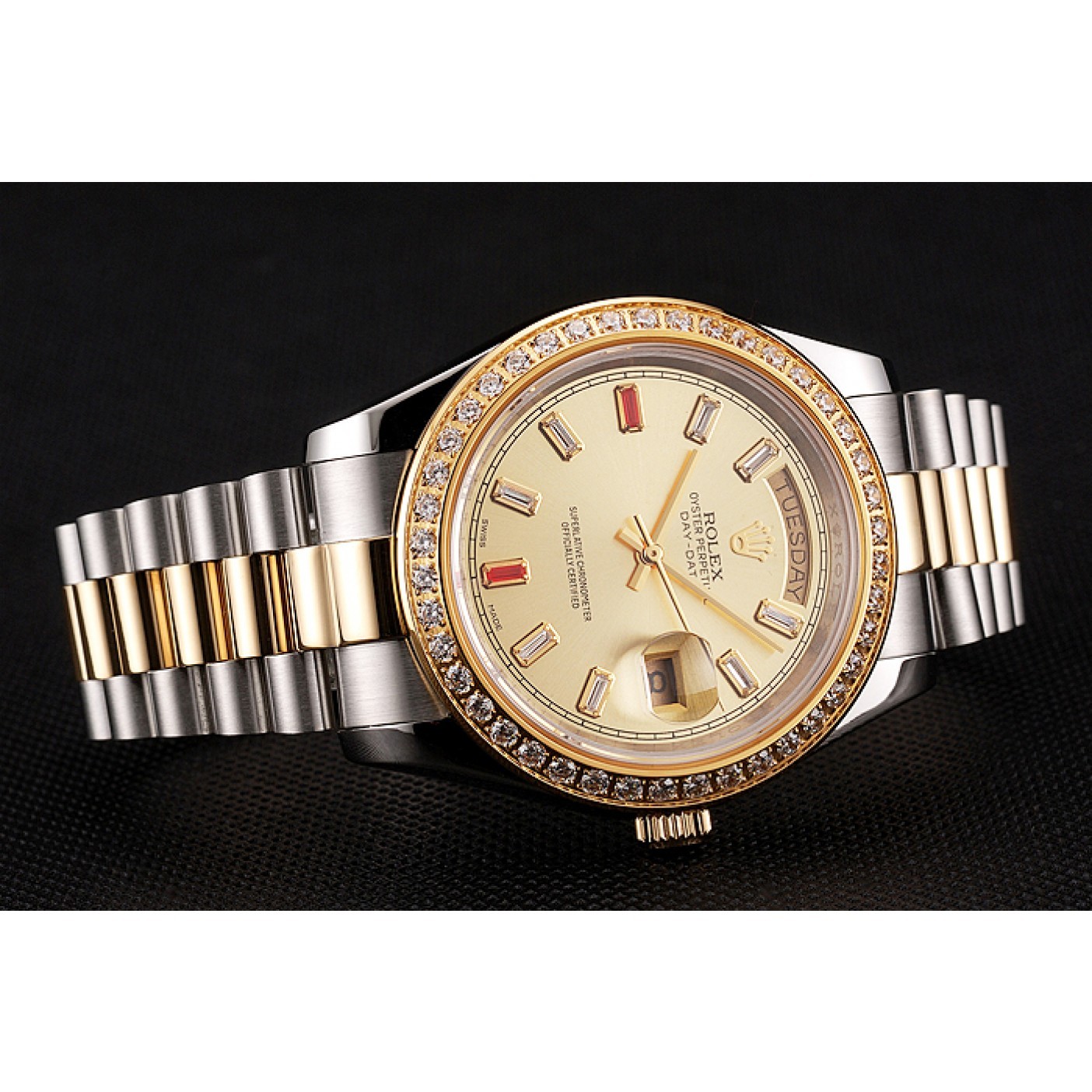 MiroTime Swiss Rolex Day-Date Diamonds And Rubies Champagne Dial Two Tone Bracelet 1454104