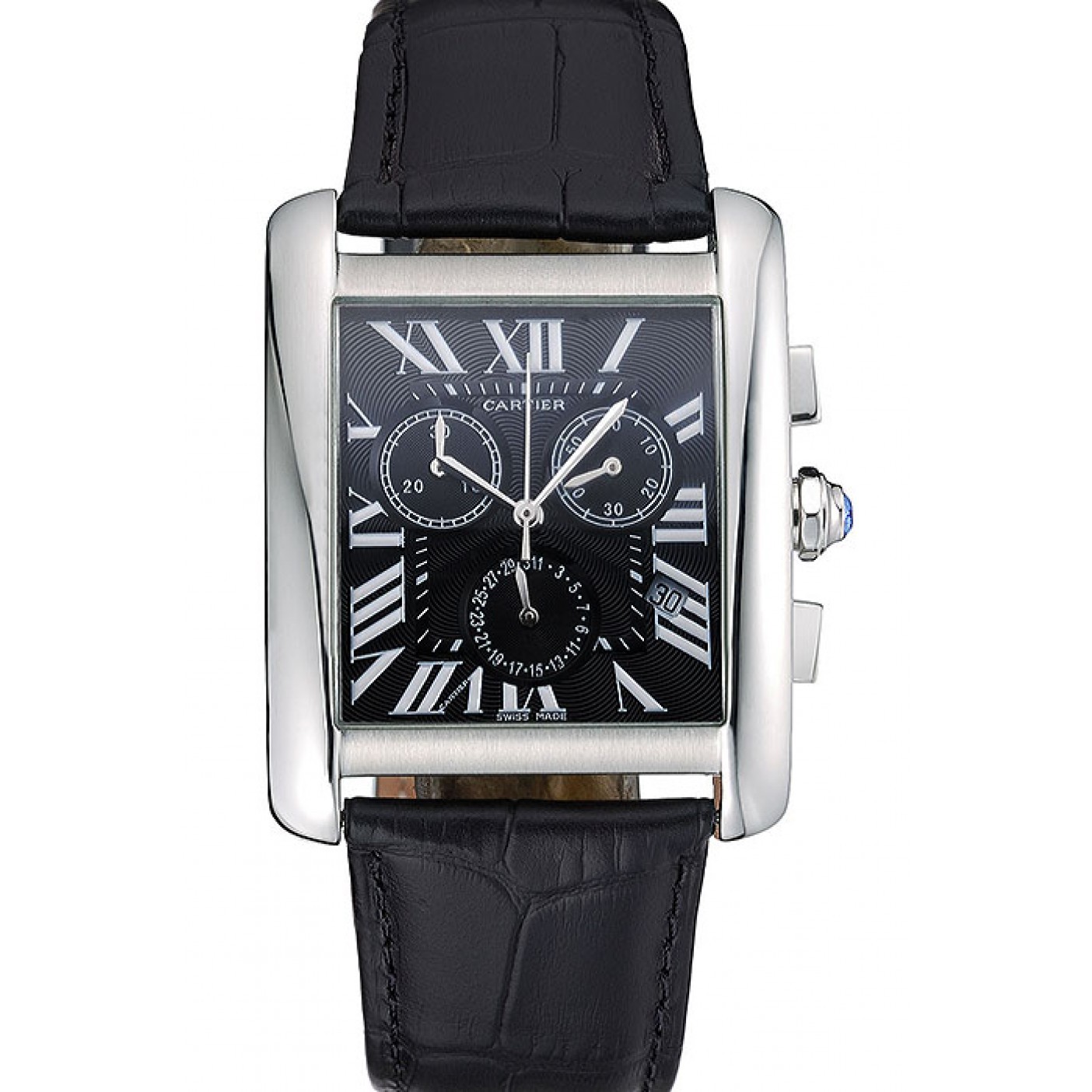 MiroTime Cartier Tank MC Black Dial Stainless Steel Case Black Leather Bracelet 622690