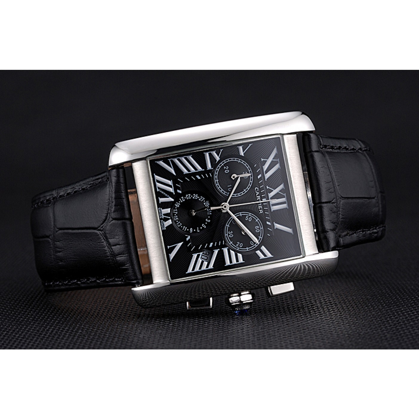 MiroTime Cartier Tank MC Black Dial Stainless Steel Case Black Leather Bracelet 622690