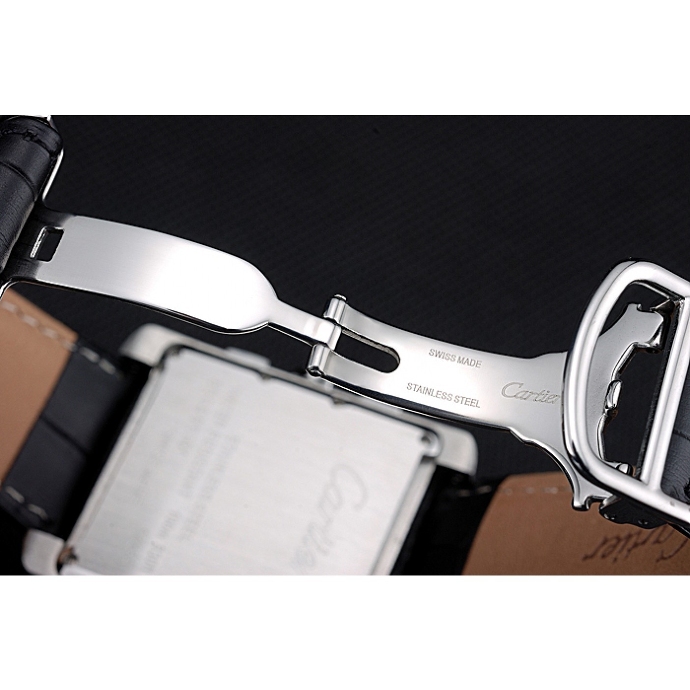 MiroTime Cartier Tank MC Black Dial Stainless Steel Case Black Leather Bracelet 622690