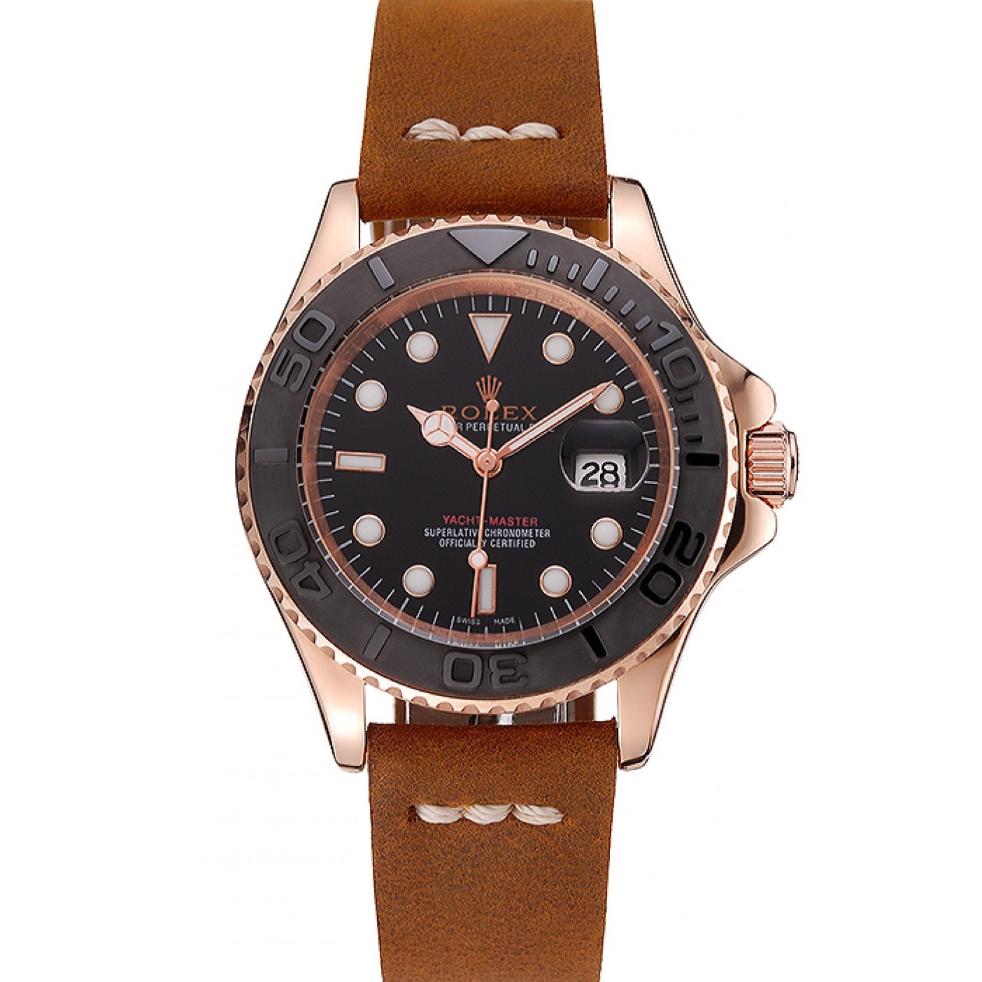 MiroTime Rolex Yacht Master Black Dial Rose Gold Case Brown Leather Bracelet 1453861