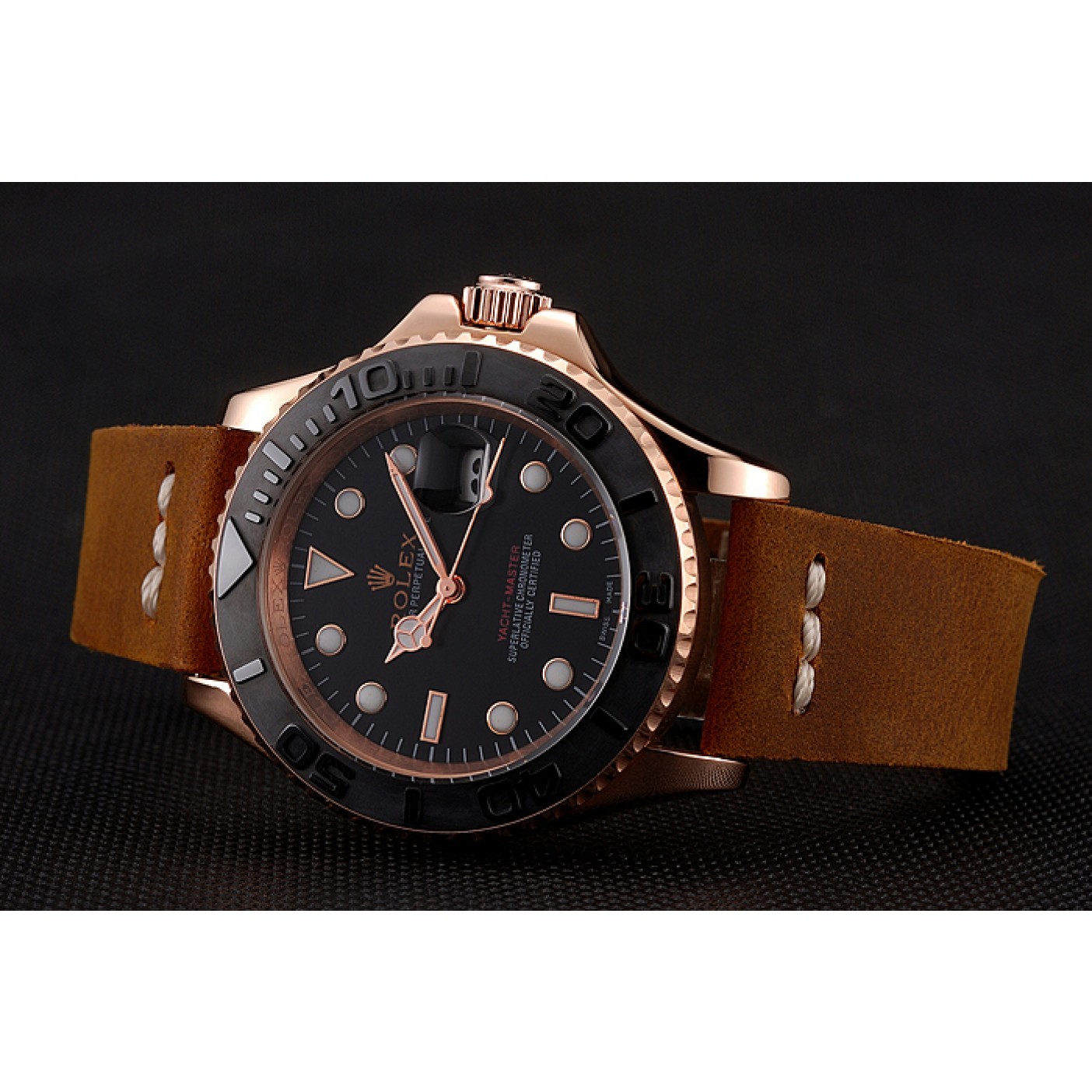 MiroTime Rolex Yacht Master Black Dial Rose Gold Case Brown Leather Bracelet 1453861