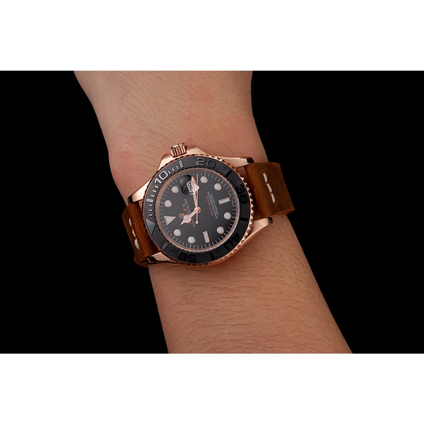 MiroTime Rolex Yacht Master Black Dial Rose Gold Case Brown Leather Bracelet 1453861