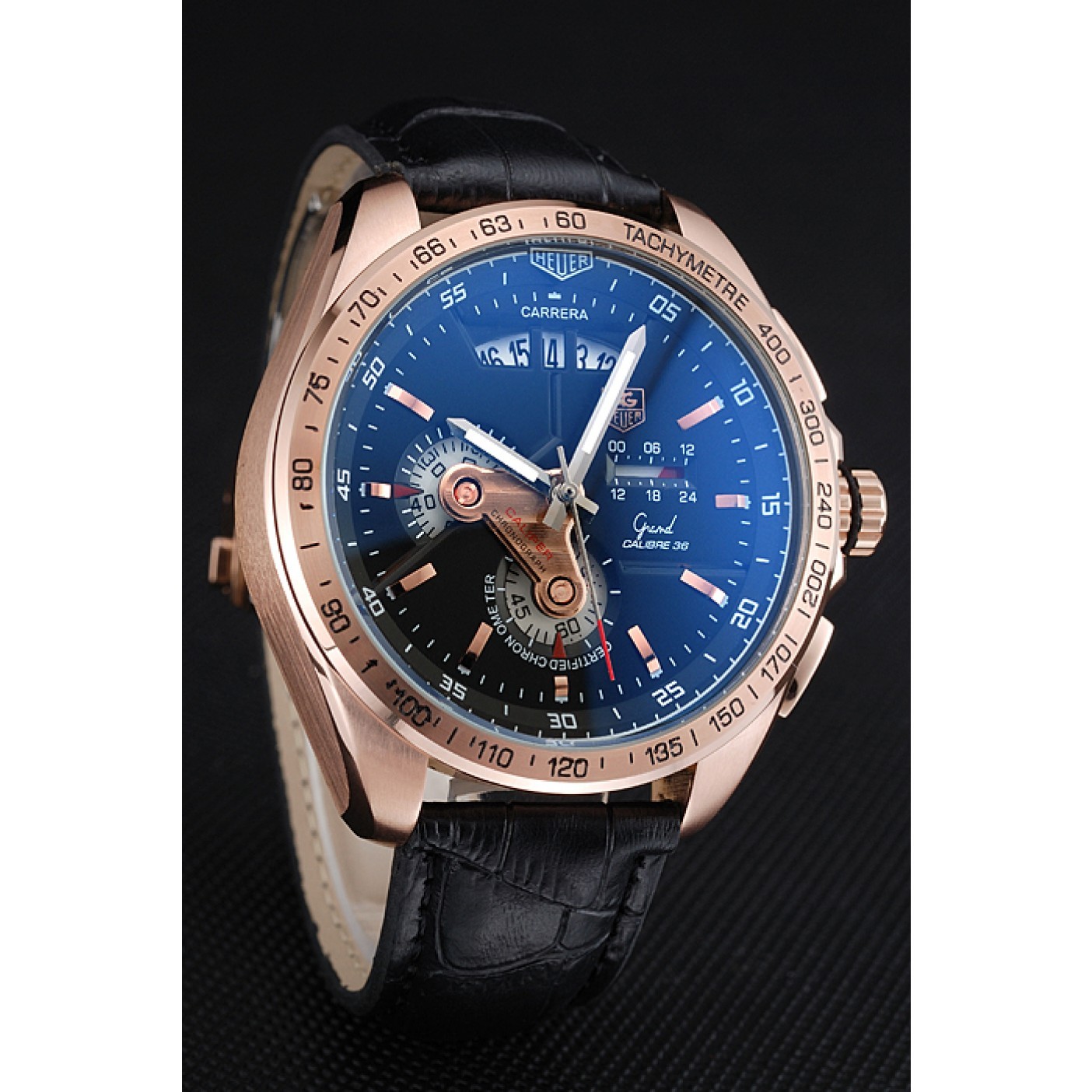 MiroTime Tag Heuer Carrera Rose Gold Bezel with Black Dial and Black Leather Strap 621538