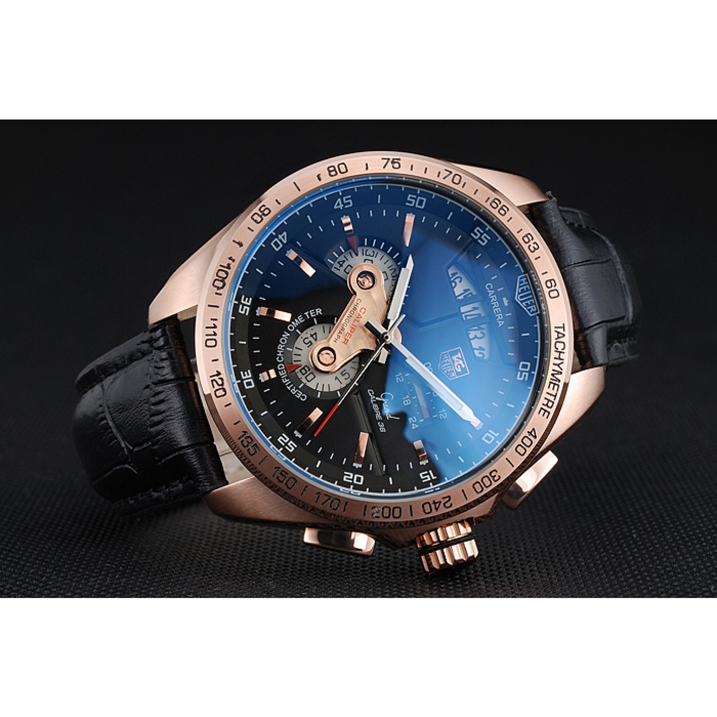 MiroTime Tag Heuer Carrera Rose Gold Bezel with Black Dial and Black Leather Strap 621538