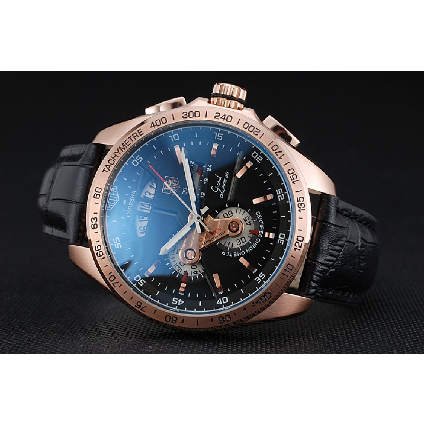 MiroTime Tag Heuer Carrera Rose Gold Bezel with Black Dial and Black Leather Strap 621538