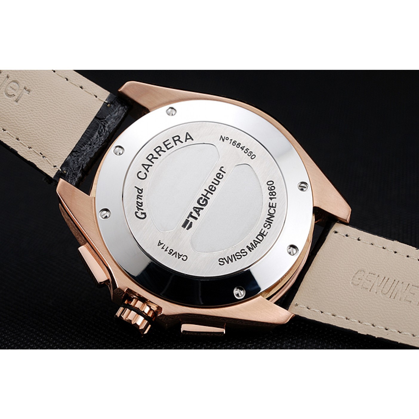 MiroTime Tag Heuer Carrera Rose Gold Bezel with Black Dial and Black Leather Strap 621538