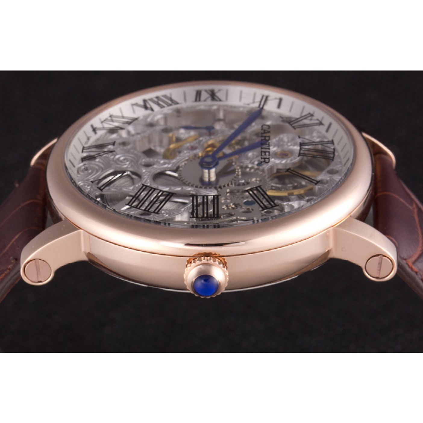 MiroTime Cartier Luxury Skeleton Watch with Rose Gold Bezel and Brown Leather Band 621557