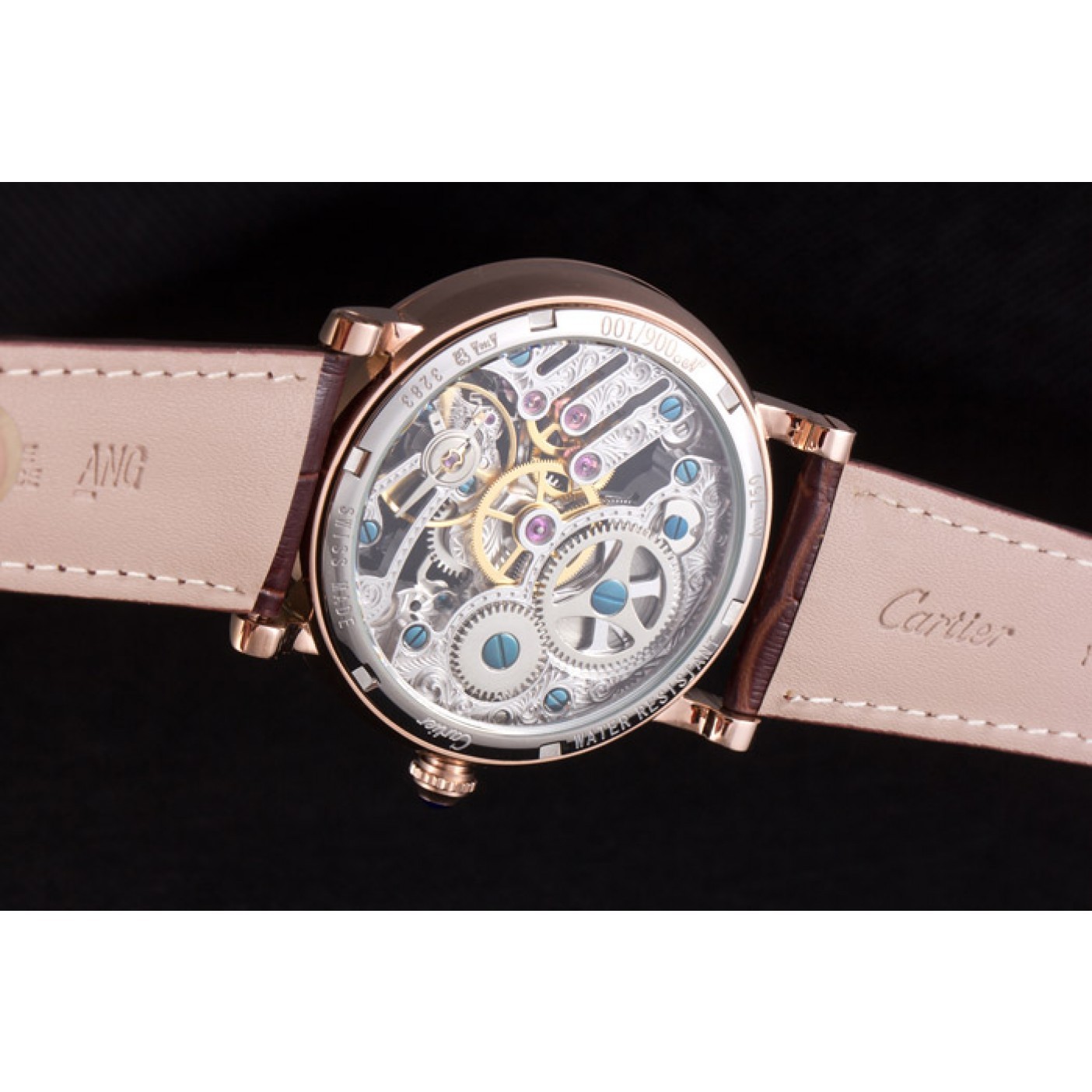 MiroTime Cartier Luxury Skeleton Watch with Rose Gold Bezel and Brown Leather Band 621557