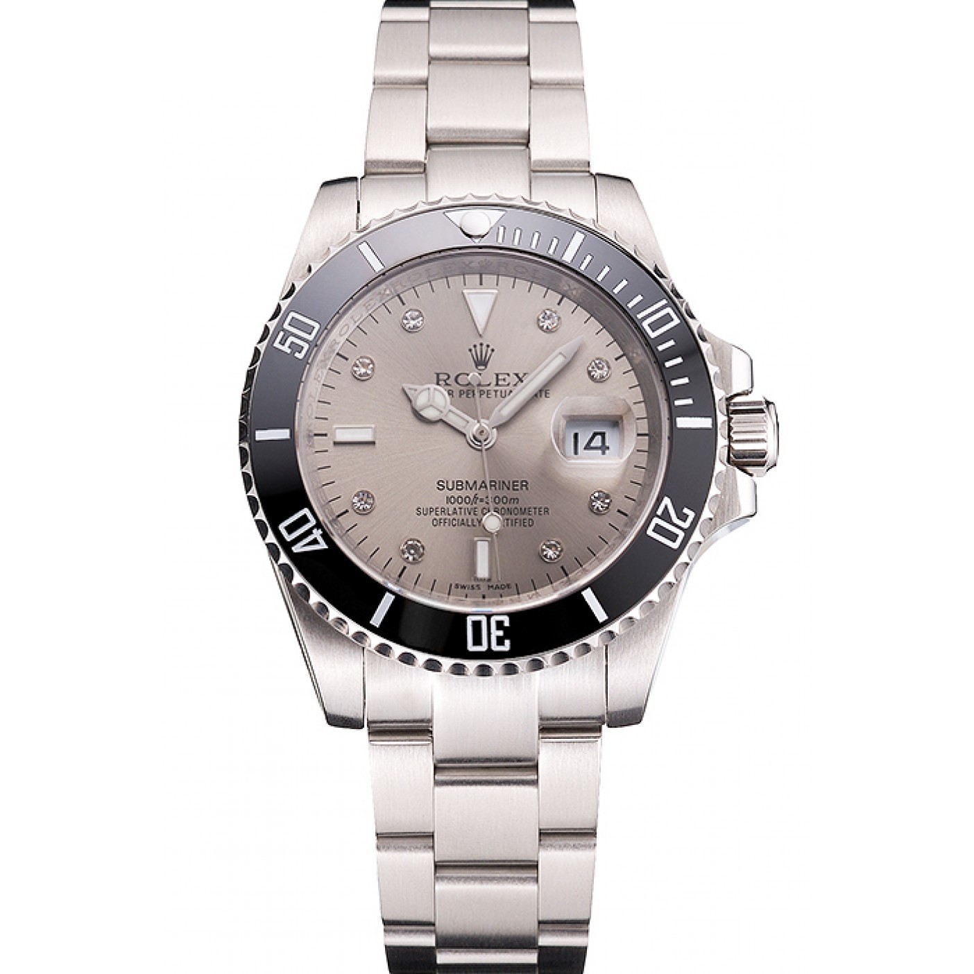 MiroTime Swiss Rolex Submariner Silver Dial Diamond Markings Black Bezel Stainless Steel Case And Bracelet
