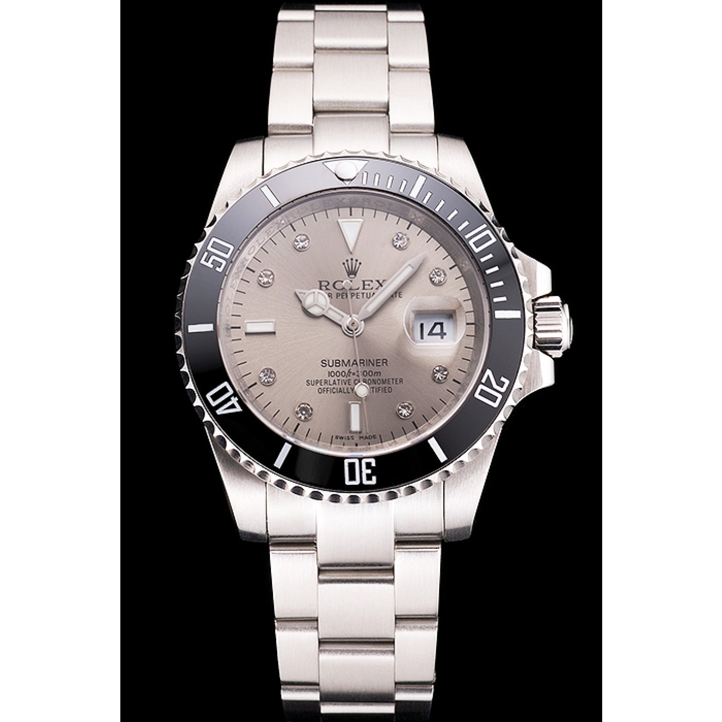 MiroTime Swiss Rolex Submariner Silver Dial Diamond Markings Black Bezel Stainless Steel Case And Bracelet