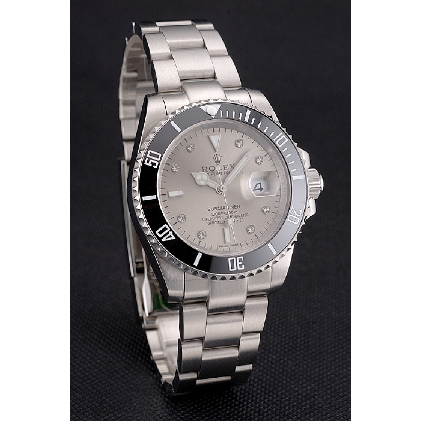 MiroTime Swiss Rolex Submariner Silver Dial Diamond Markings Black Bezel Stainless Steel Case And Bracelet