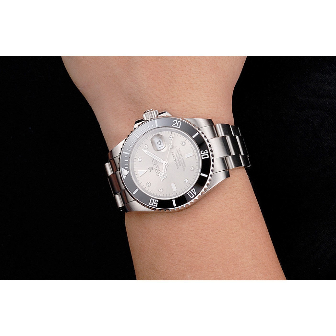 MiroTime Swiss Rolex Submariner Silver Dial Diamond Markings Black Bezel Stainless Steel Case And Bracelet