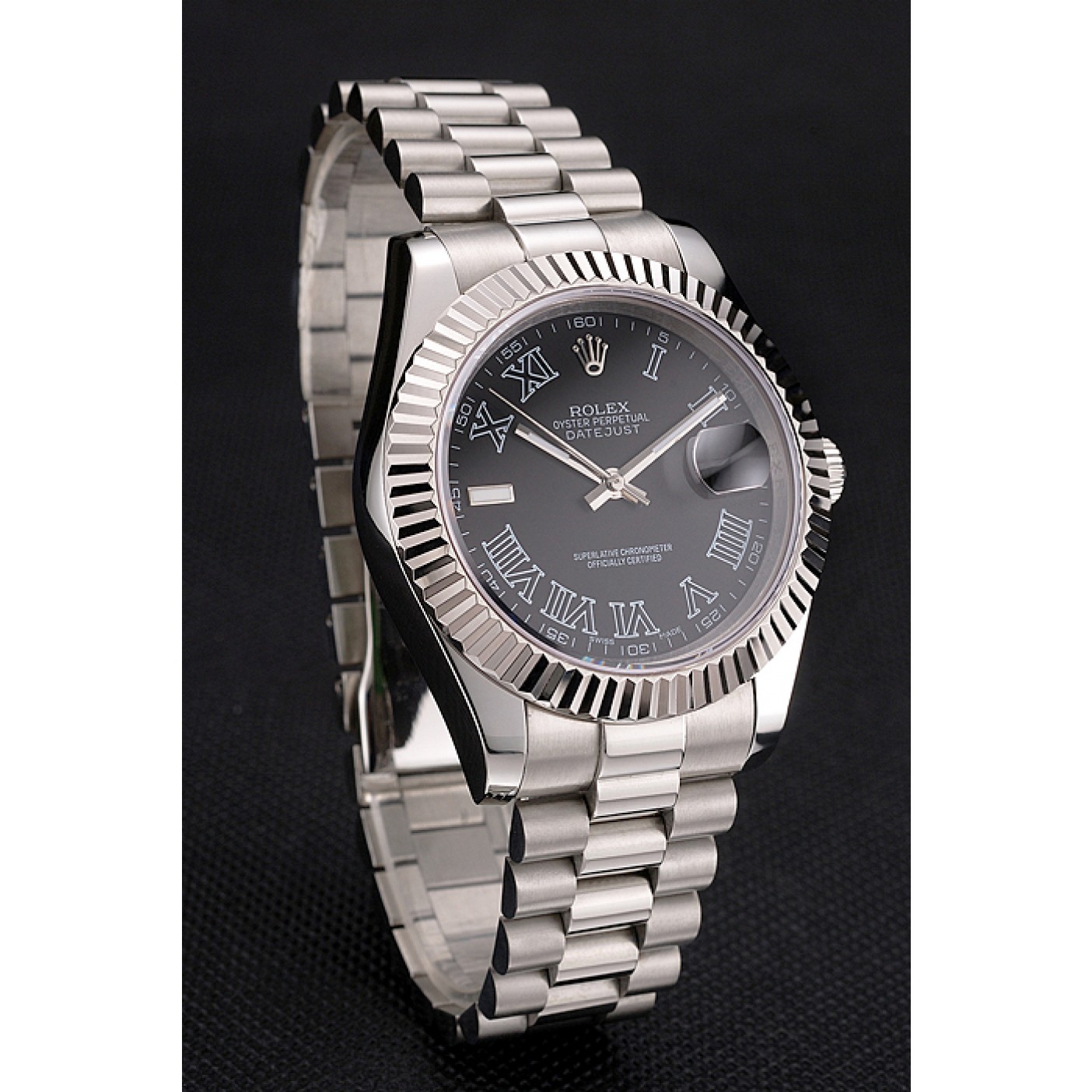 MiroTime Swiss Rolex Datejust Black Dial Roman Numerals Stainless Steel Case And Bracelet