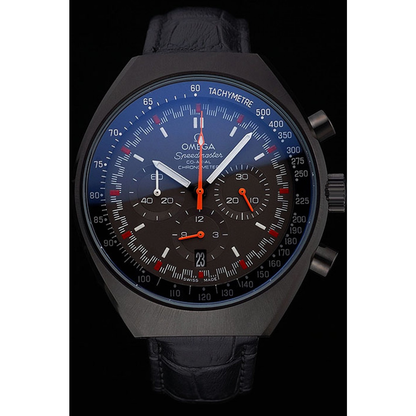 MiroTime Omega Speedmaster Mark II Black And Red Dial Black Case Black Leather Strap 622814