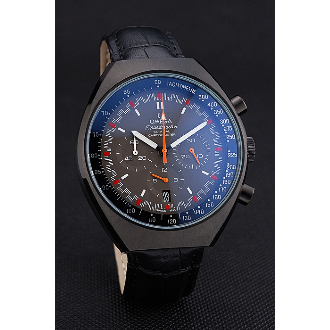 MiroTime Omega Speedmaster Mark II Black And Red Dial Black Case Black Leather Strap 622814