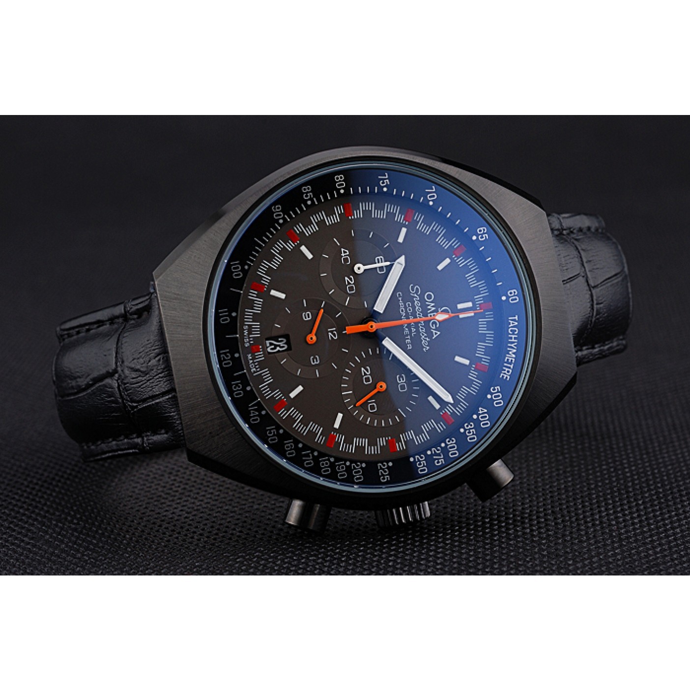 MiroTime Omega Speedmaster Mark II Black And Red Dial Black Case Black Leather Strap 622814