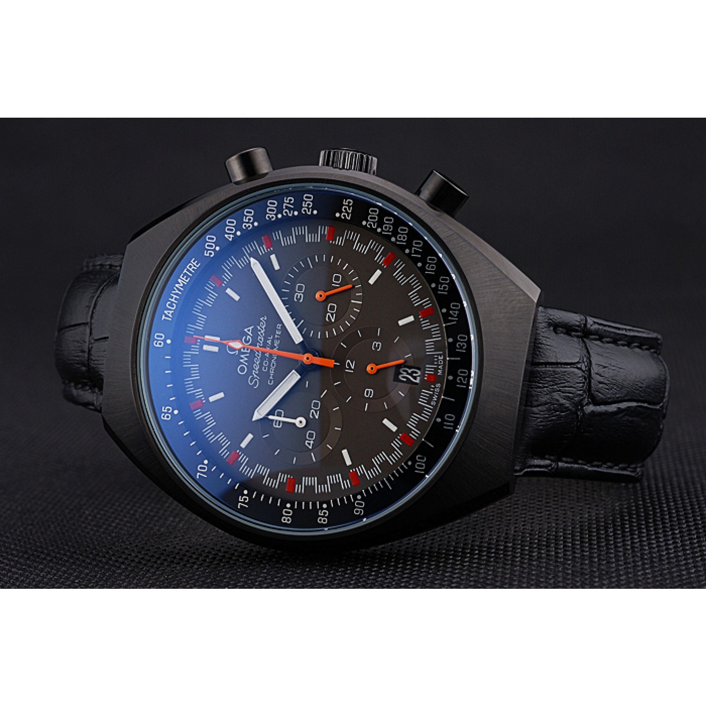 MiroTime Omega Speedmaster Mark II Black And Red Dial Black Case Black Leather Strap 622814