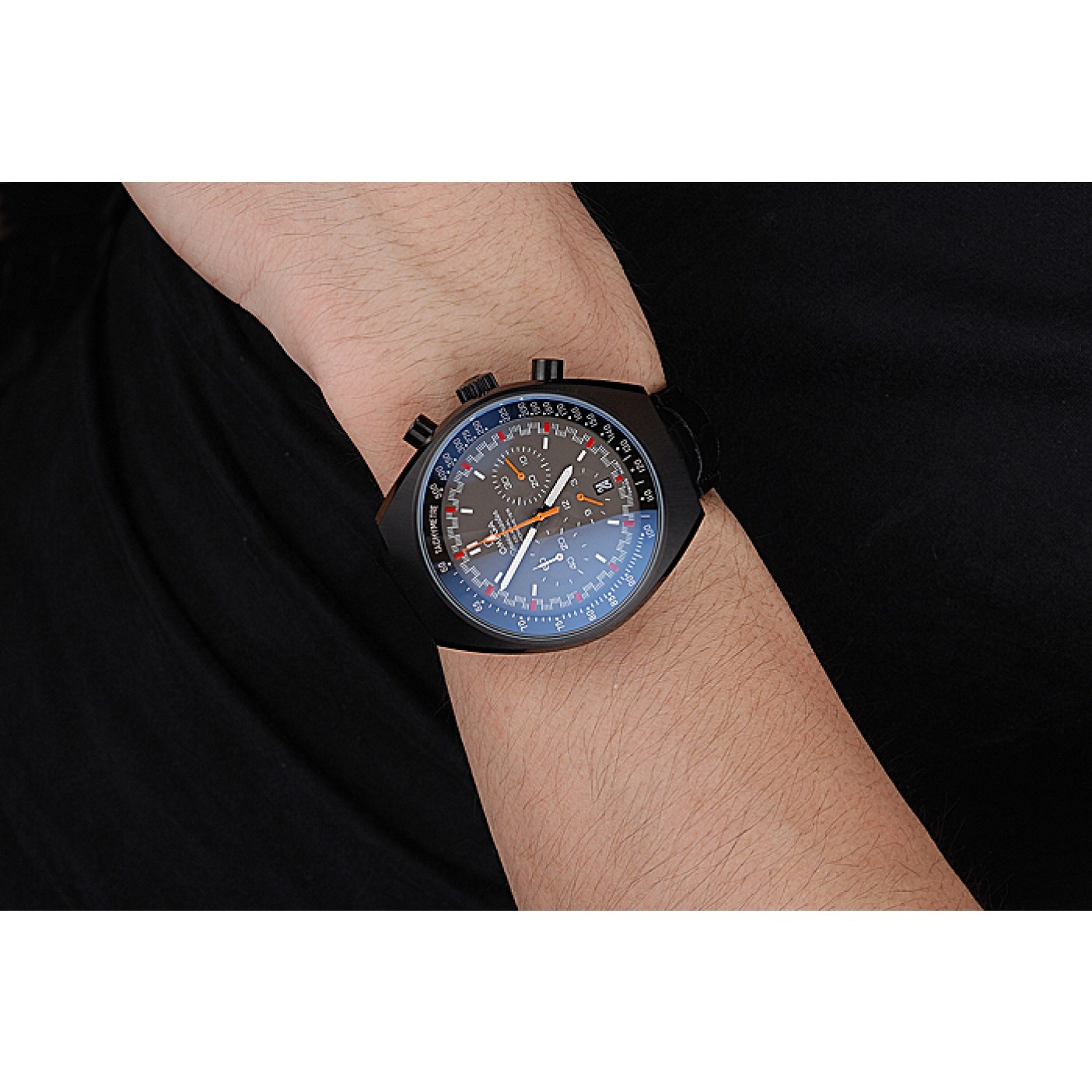 MiroTime Omega Speedmaster Mark II Black And Red Dial Black Case Black Leather Strap 622814