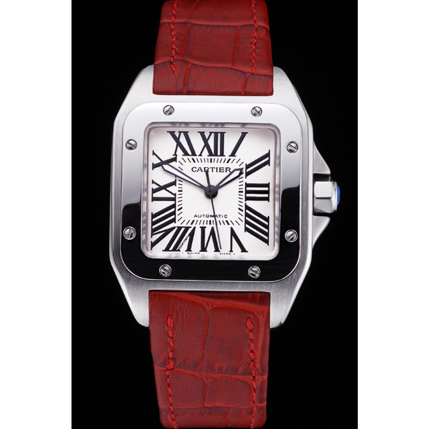 MiroTime Swiss Cartier Santos White Dial Stainless Steel Case Red Leather Bracelet 622551