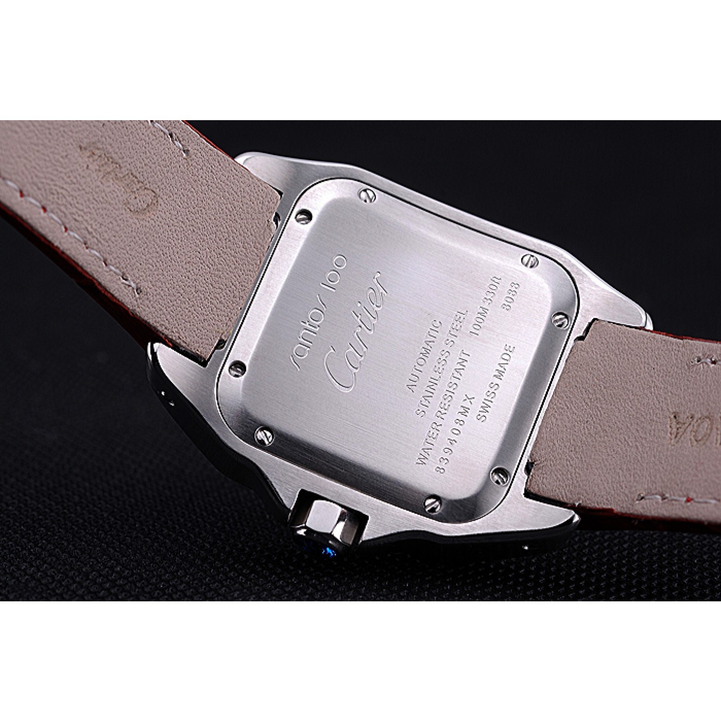 MiroTime Swiss Cartier Santos White Dial Stainless Steel Case Red Leather Bracelet 622551