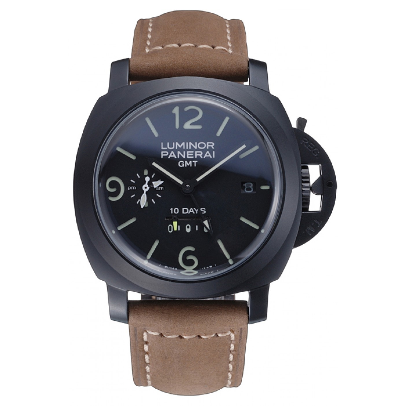 MiroTime Panerai Luminor GMT Ion Plated Stainless Steel Bezel Khaki Leather Bracelet 622315