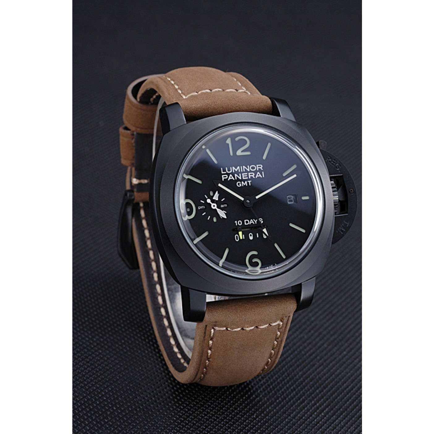 MiroTime Panerai Luminor GMT Ion Plated Stainless Steel Bezel Khaki Leather Bracelet 622315