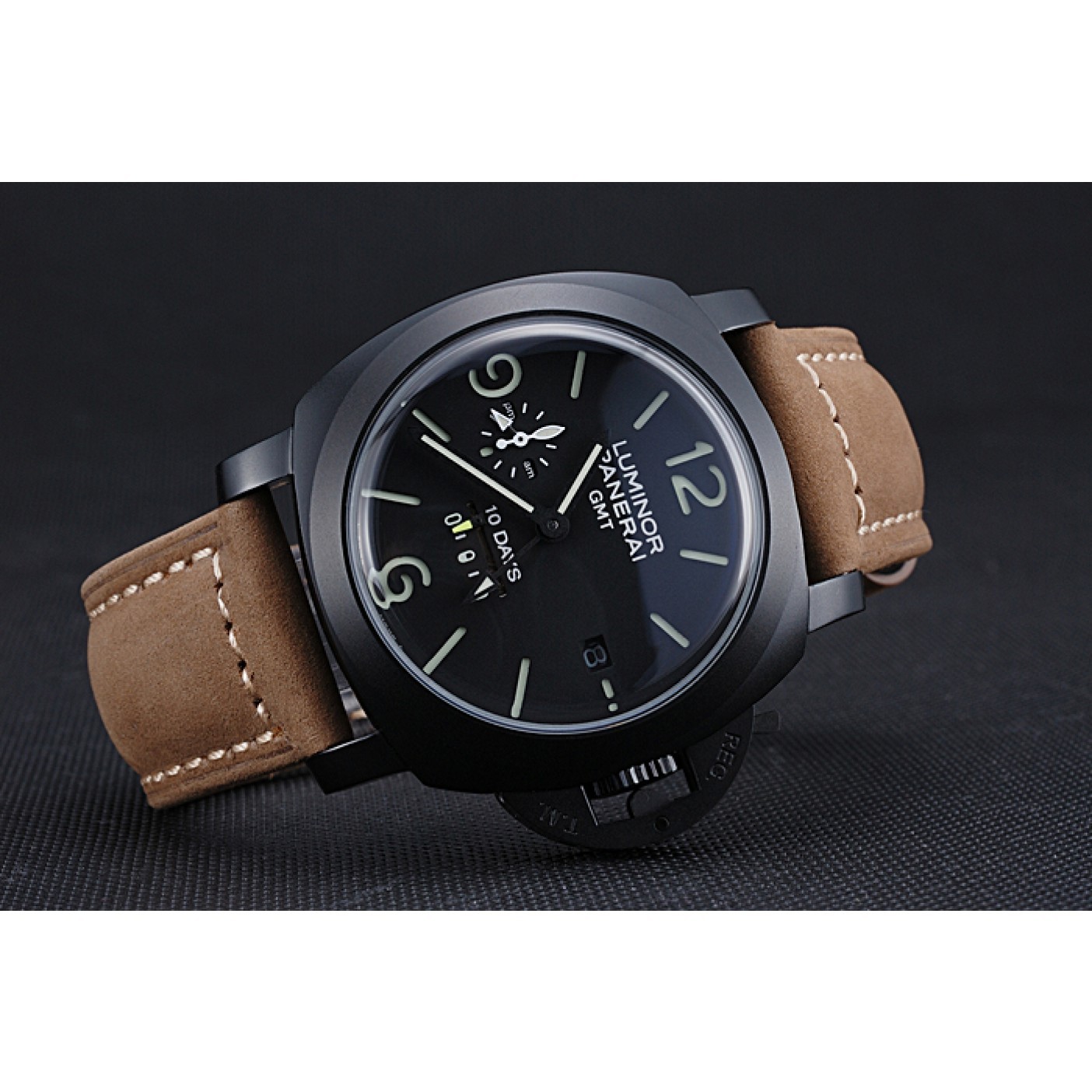 MiroTime Panerai Luminor GMT Ion Plated Stainless Steel Bezel Khaki Leather Bracelet 622315