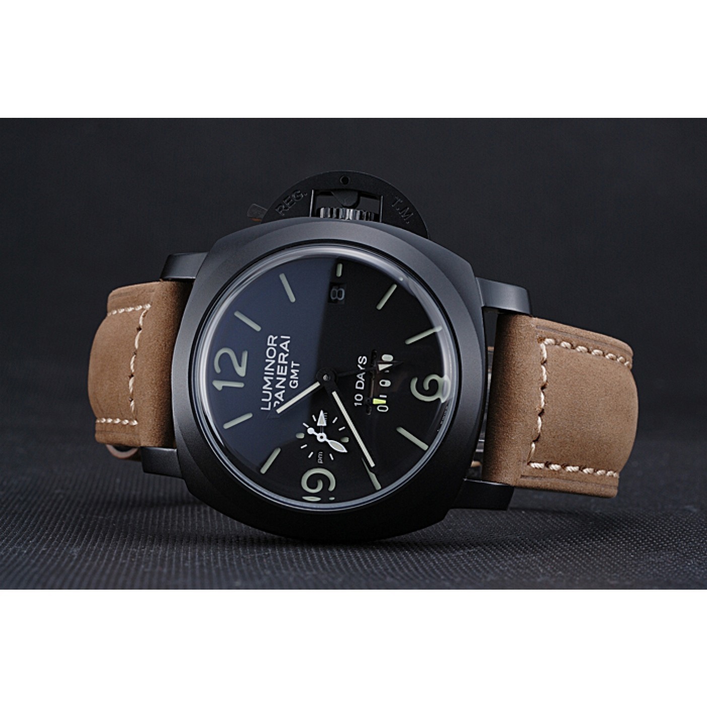 MiroTime Panerai Luminor GMT Ion Plated Stainless Steel Bezel Khaki Leather Bracelet 622315