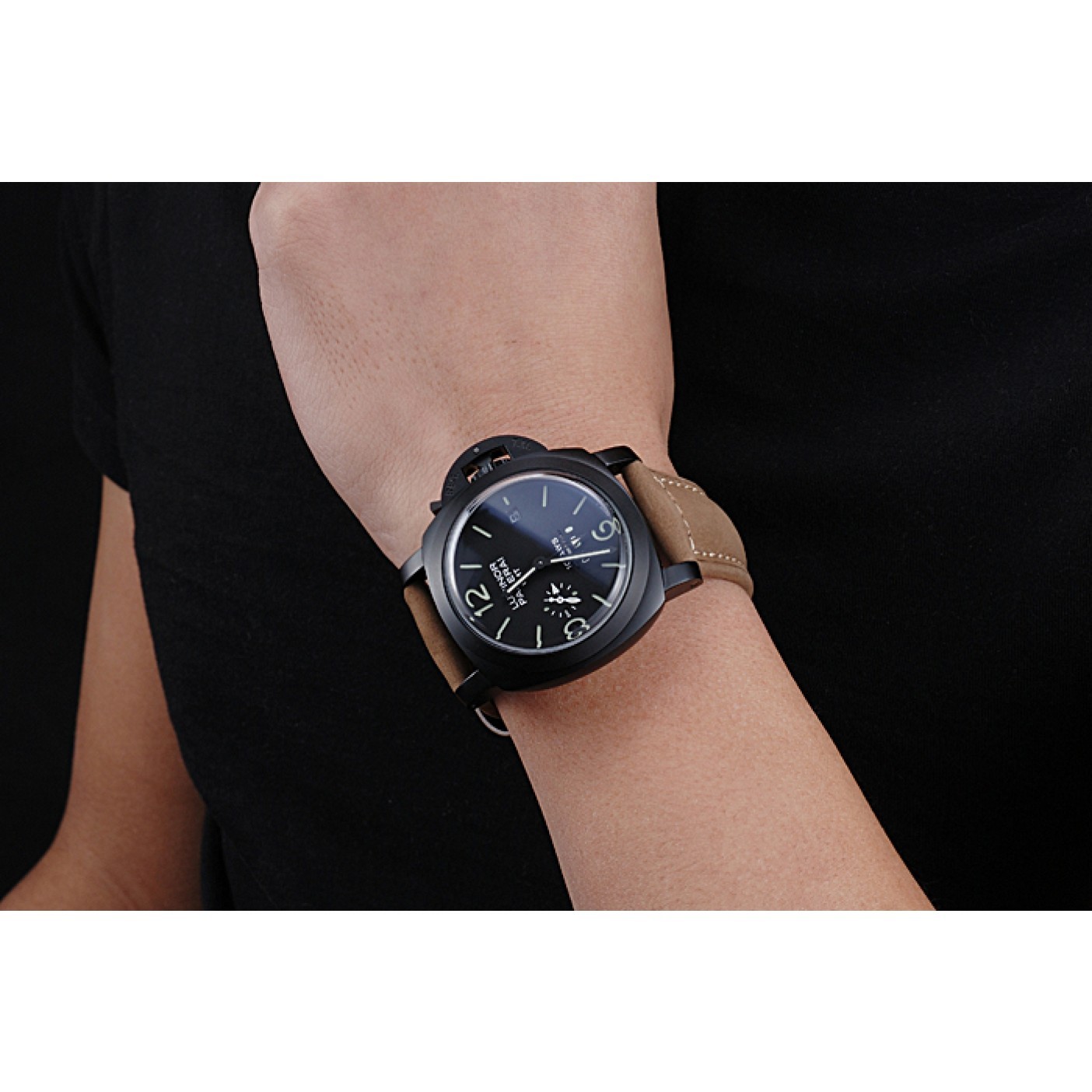 MiroTime Panerai Luminor GMT Ion Plated Stainless Steel Bezel Khaki Leather Bracelet 622315