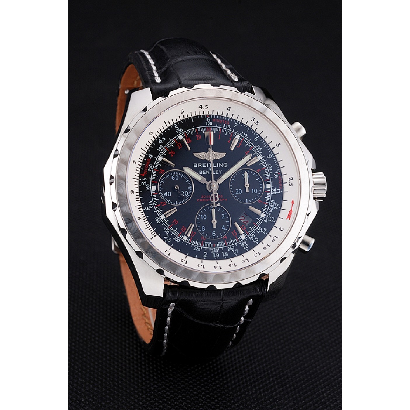 MiroTime Swiss Breitling Bentley Black Croco Leather Bracelet Black Dial 80286