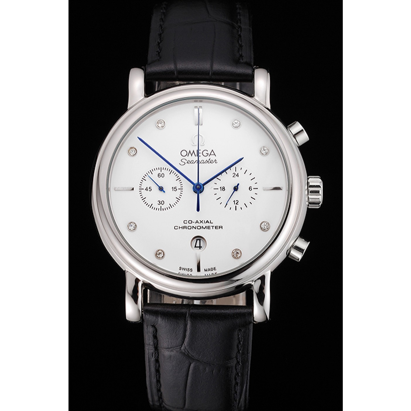 MiroTime Omega Seamaster Vintage Chronograph White Dial Diamond Hour Marks Stainless Steel Case Black Leather Strap