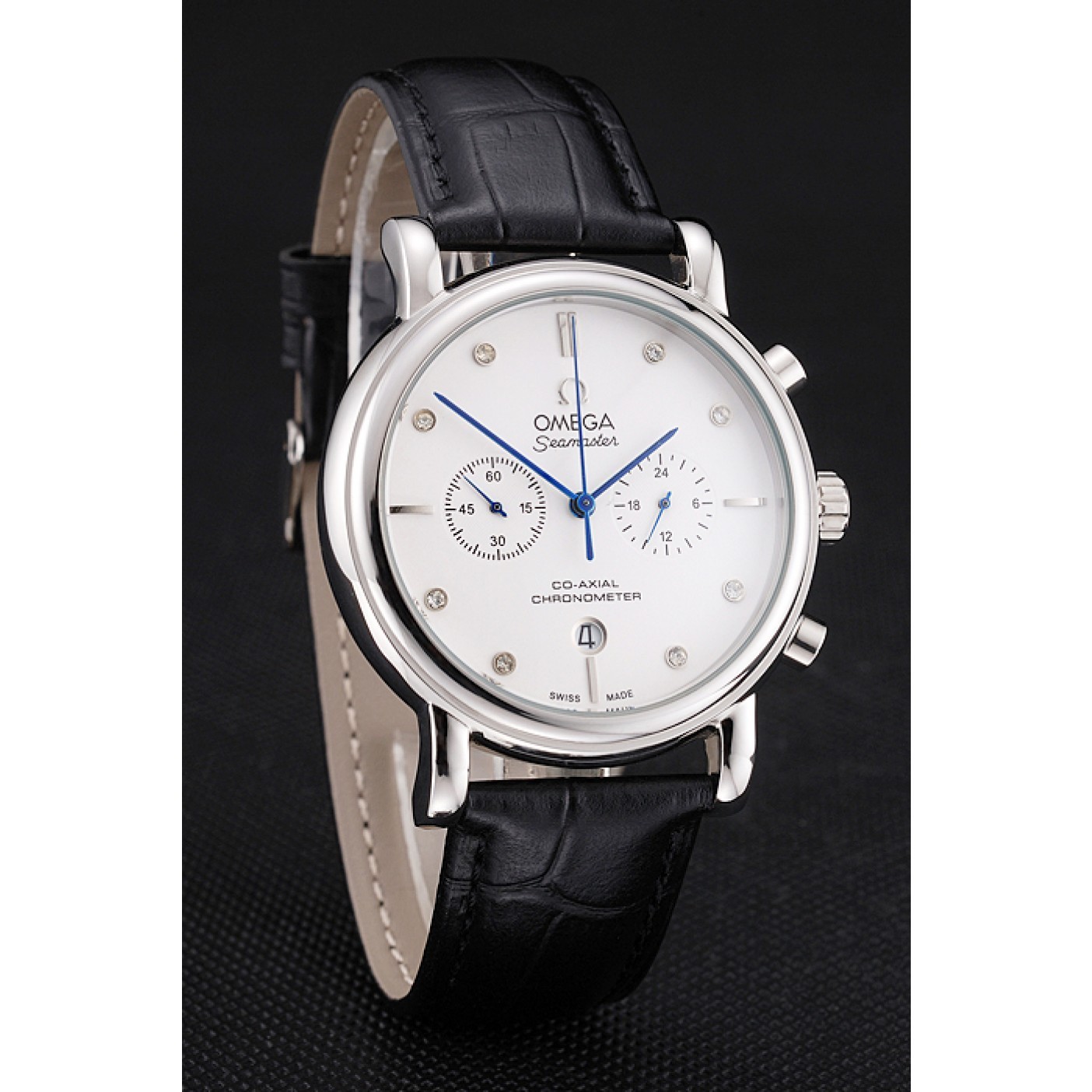 MiroTime Omega Seamaster Vintage Chronograph White Dial Diamond Hour Marks Stainless Steel Case Black Leather Strap