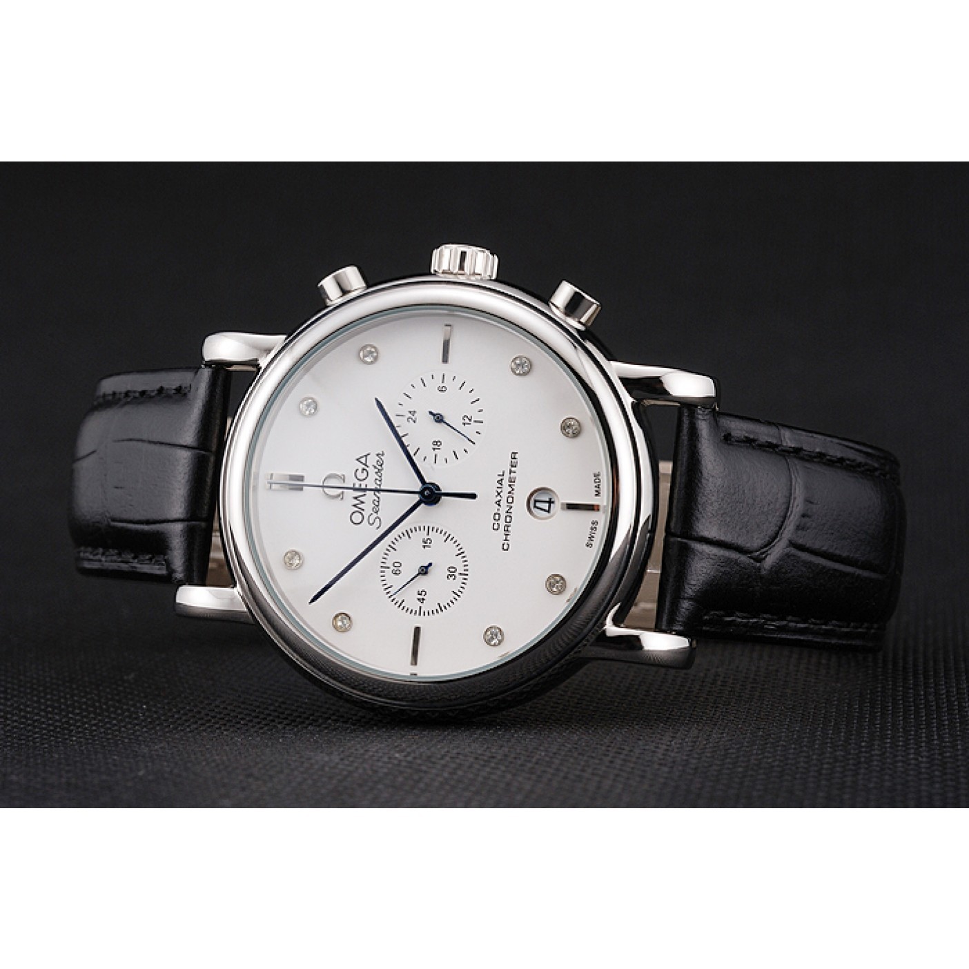 MiroTime Omega Seamaster Vintage Chronograph White Dial Diamond Hour Marks Stainless Steel Case Black Leather Strap