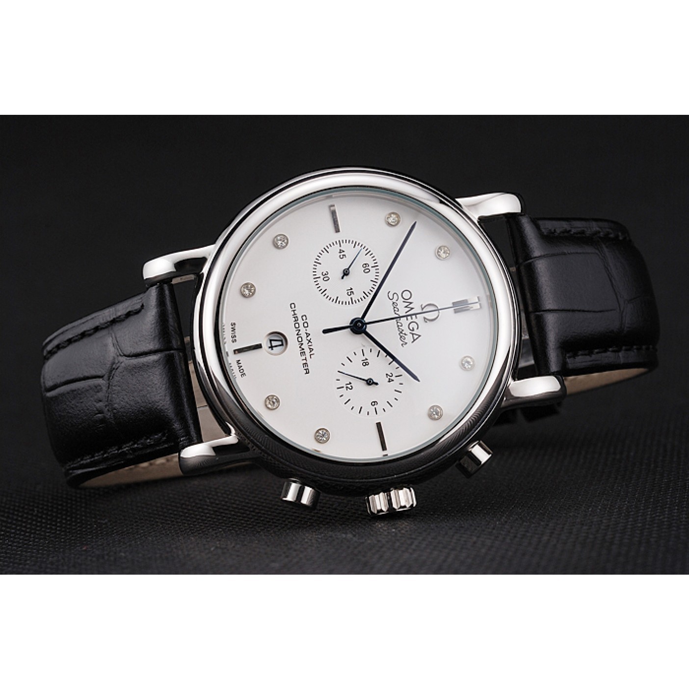 MiroTime Omega Seamaster Vintage Chronograph White Dial Diamond Hour Marks Stainless Steel Case Black Leather Strap