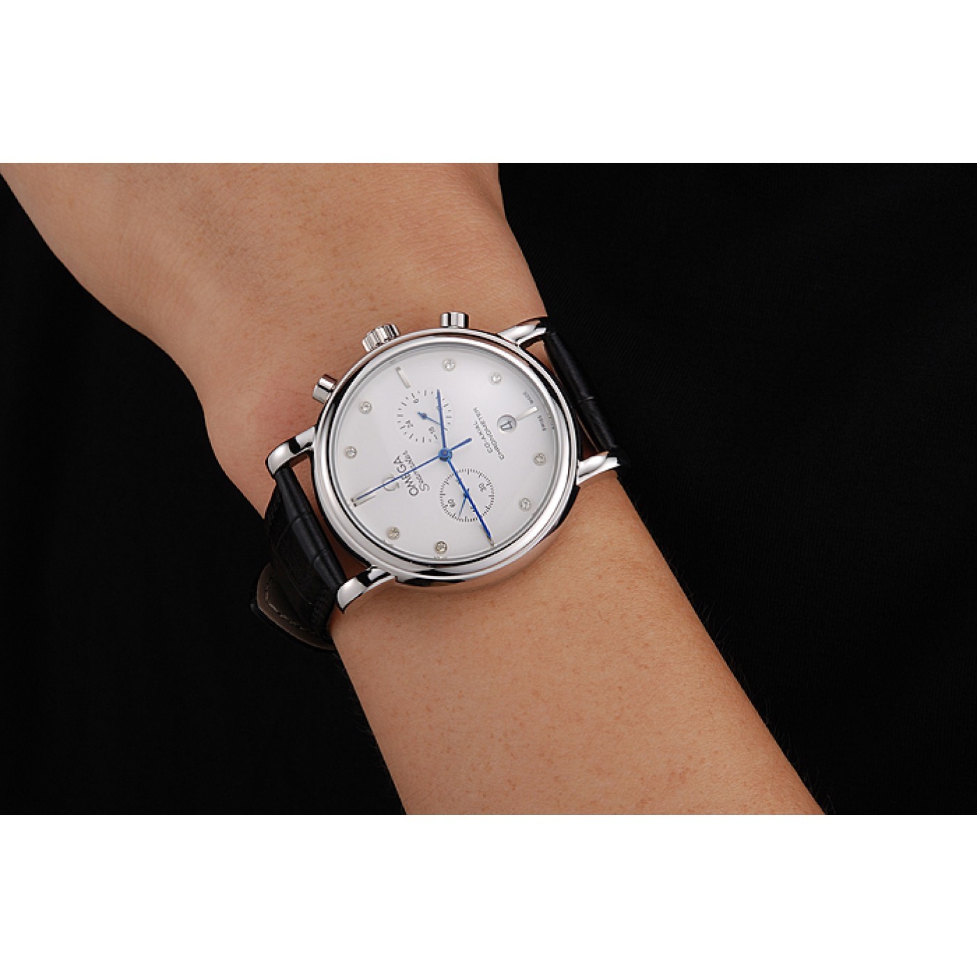 MiroTime Omega Seamaster Vintage Chronograph White Dial Diamond Hour Marks Stainless Steel Case Black Leather Strap