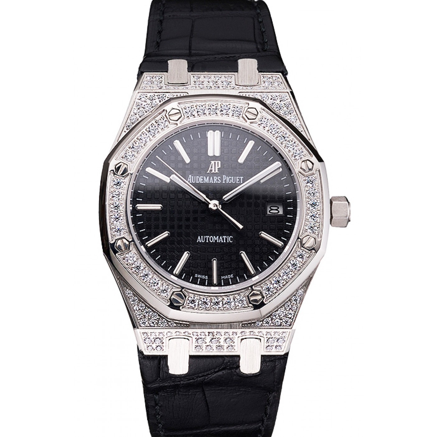 MiroTime Swiss Audemars Piguet Royal Oak Black Dial Steel Case With Diamonds Black Leather Strap