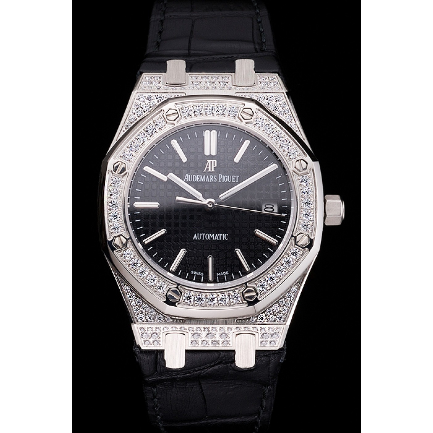 MiroTime Swiss Audemars Piguet Royal Oak Black Dial Steel Case With Diamonds Black Leather Strap