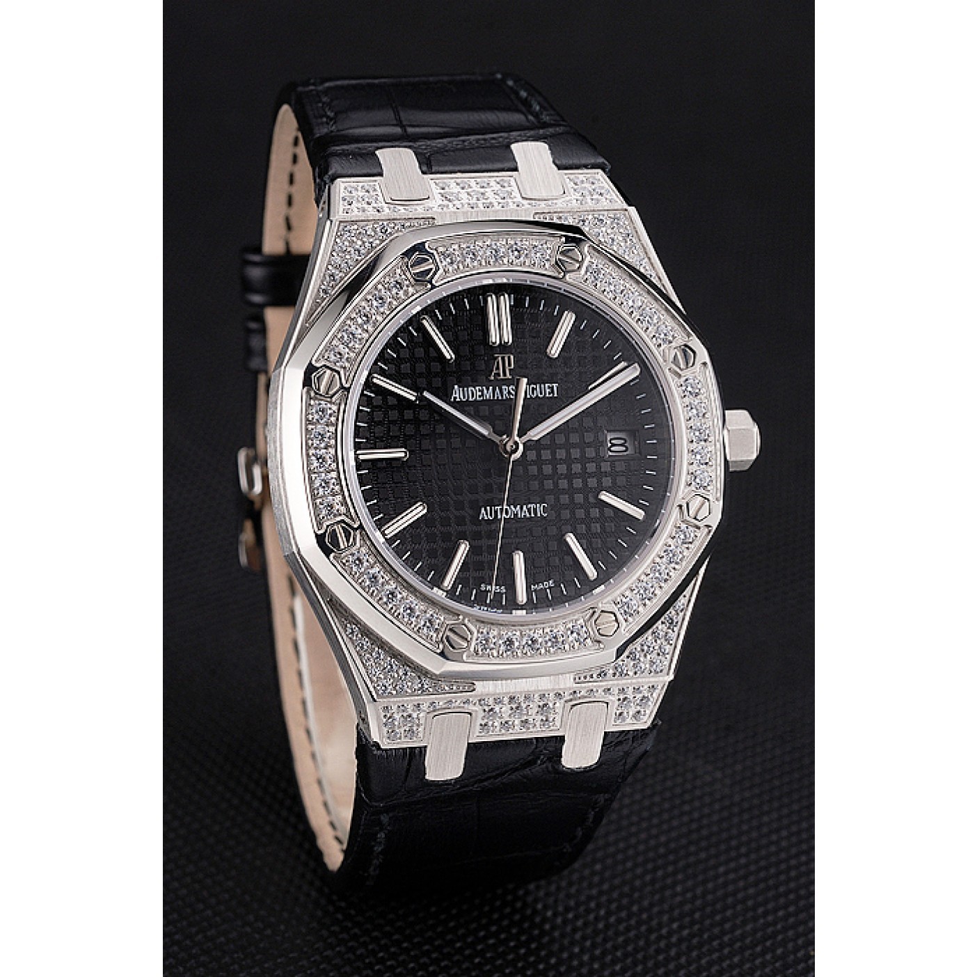 MiroTime Swiss Audemars Piguet Royal Oak Black Dial Steel Case With Diamonds Black Leather Strap