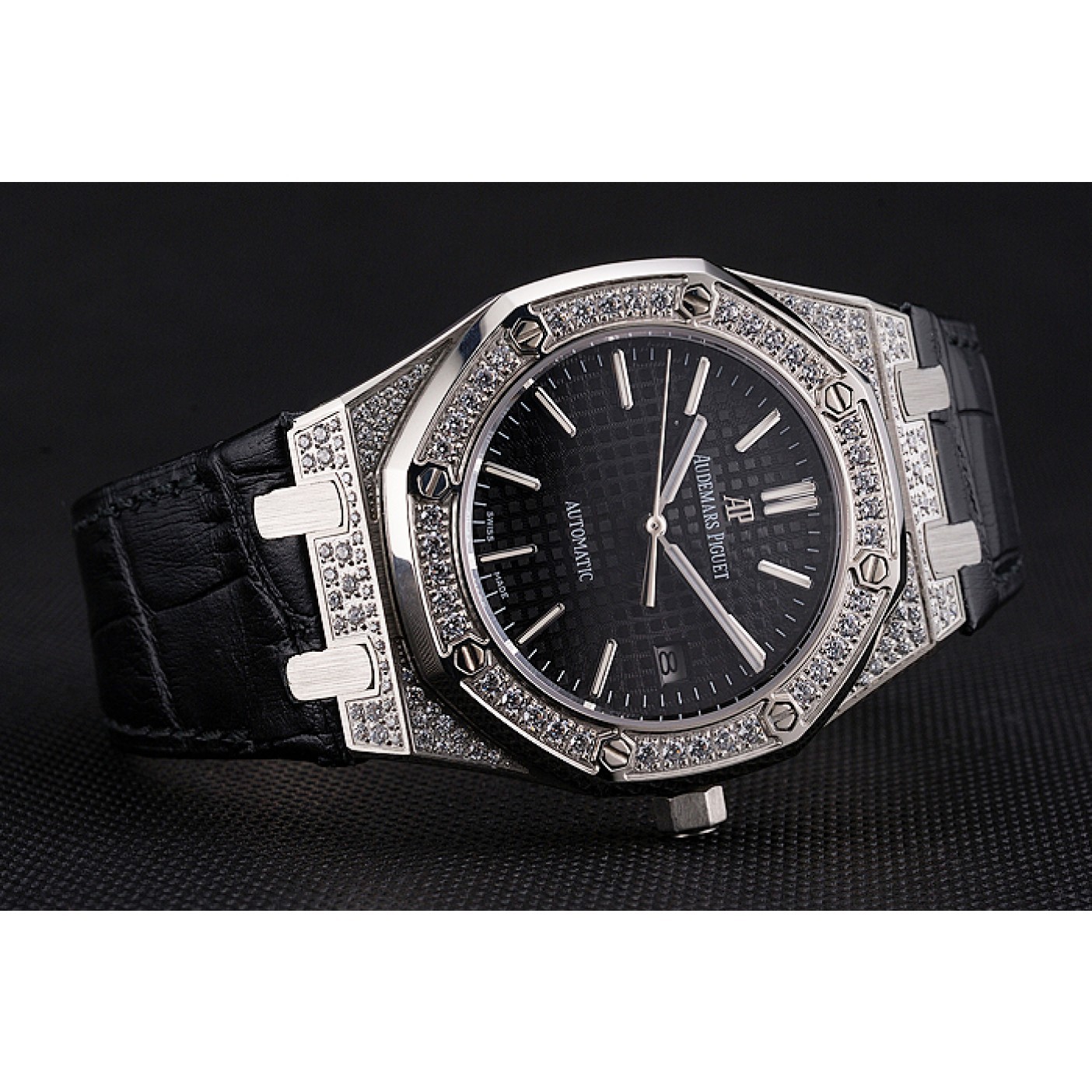 MiroTime Swiss Audemars Piguet Royal Oak Black Dial Steel Case With Diamonds Black Leather Strap