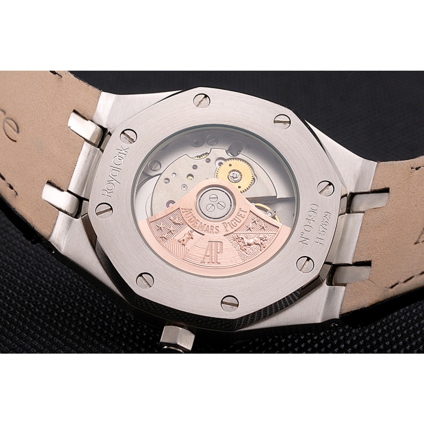 MiroTime Swiss Audemars Piguet Royal Oak Black Dial Steel Case With Diamonds Black Leather Strap
