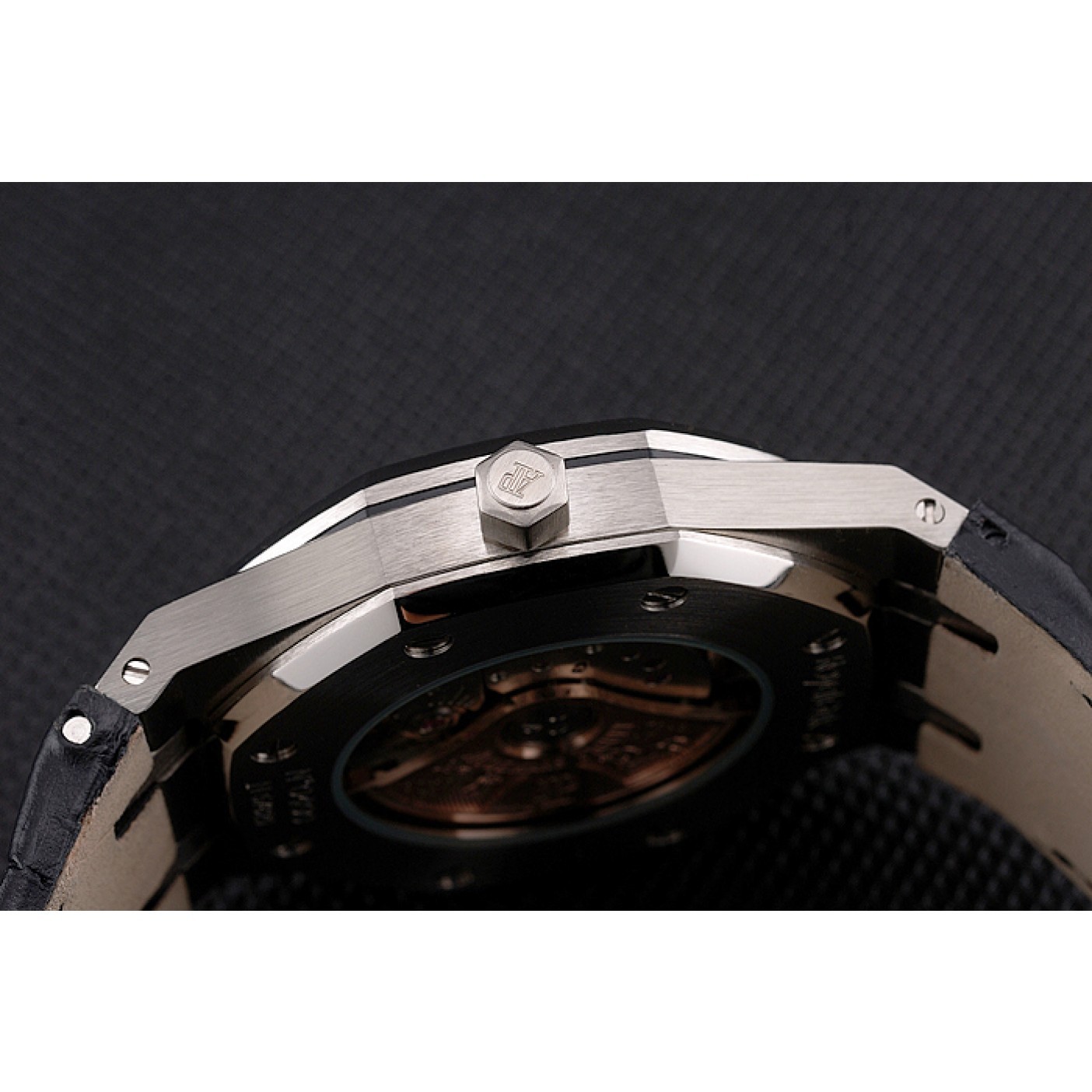 MiroTime Swiss Audemars Piguet Royal Oak Black Dial Steel Case With Diamonds Black Leather Strap