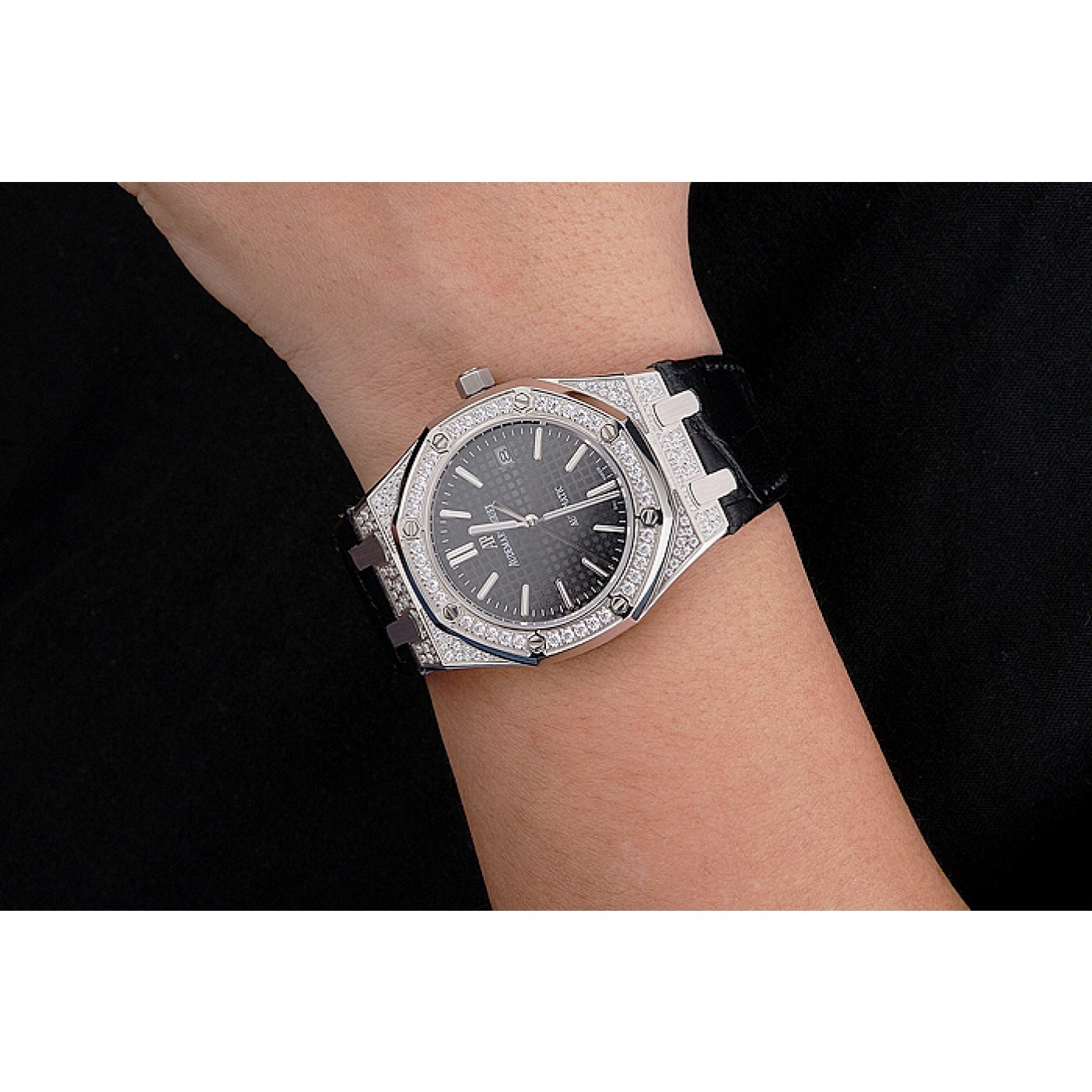 MiroTime Swiss Audemars Piguet Royal Oak Black Dial Steel Case With Diamonds Black Leather Strap