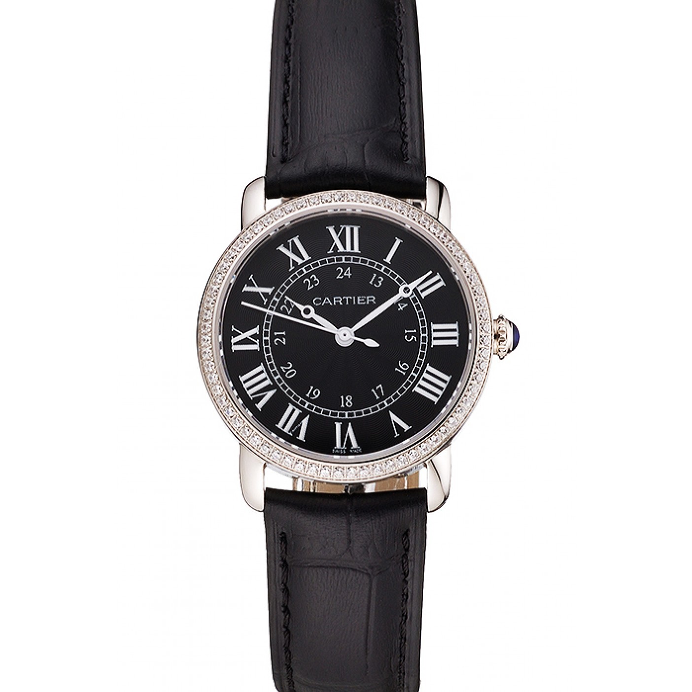 MiroTime Cartier Ronde Black Dial Diamond Bezel Stainless Steel Case Black Leather Strap