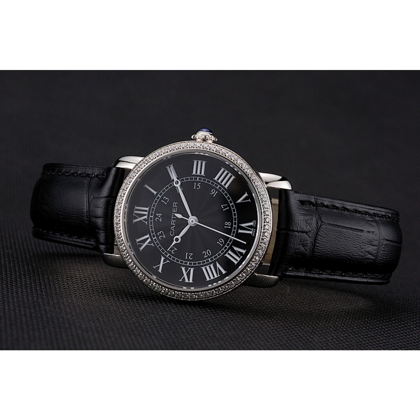 MiroTime Cartier Ronde Black Dial Diamond Bezel Stainless Steel Case Black Leather Strap