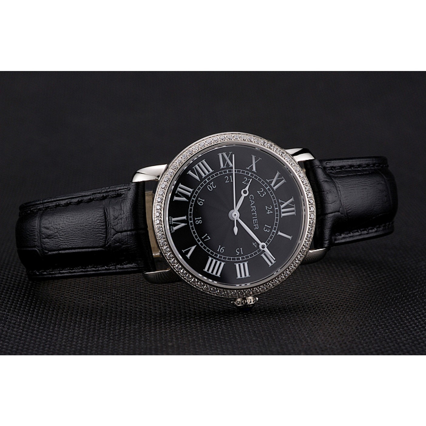 MiroTime Cartier Ronde Black Dial Diamond Bezel Stainless Steel Case Black Leather Strap