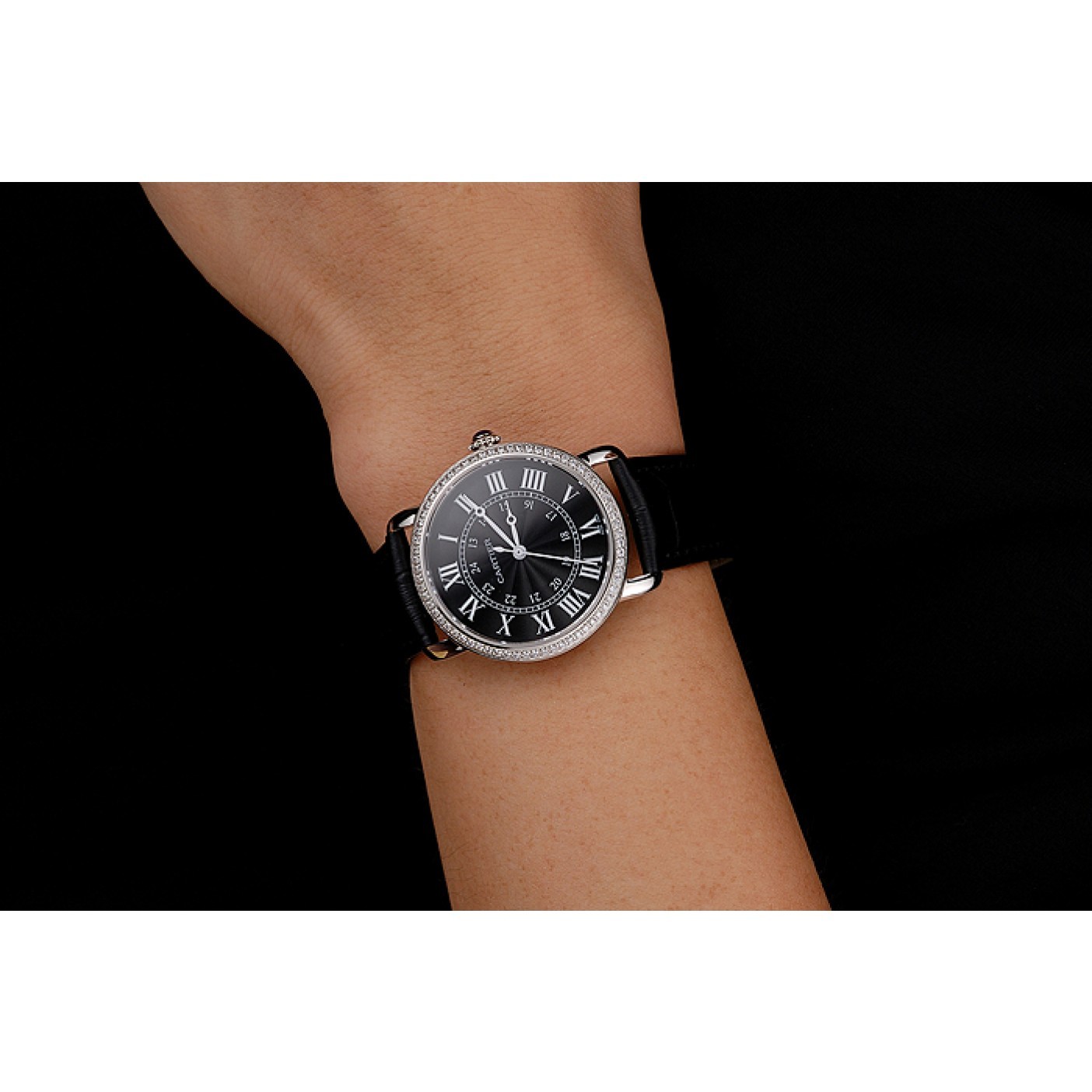 MiroTime Cartier Ronde Black Dial Diamond Bezel Stainless Steel Case Black Leather Strap